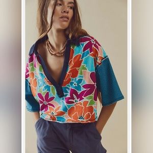 Free People Floral Crop Polo Slouch Baggy Tshirt Medium NWT